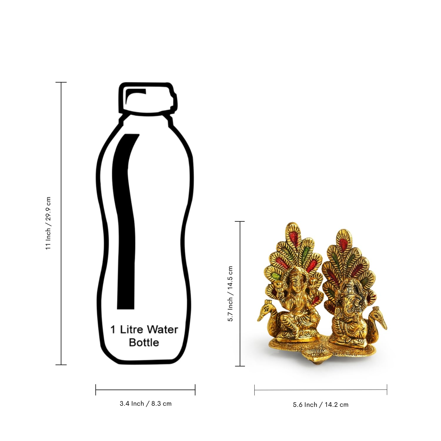 Exclusivelane Laxmi Ganesh & Peacock Idol Showpiece Figurine With Diya (5.7 Inch, Golden, Metal)|Handcrafted Ganesha Idol With